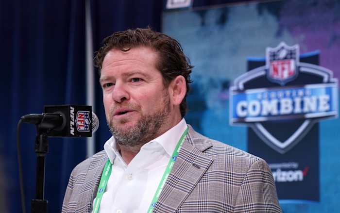 Feb 25, 2020; Indianapolis, Indiana, USA; Seattle Seahawks general manager John Schneider speaks during the NFL Scouting Combine at the Indiana Convention Center.